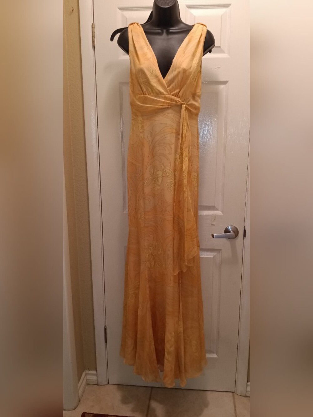 Escada Golden Yellow V-Neck Tie-Waist Silk Maxi Dress NWT